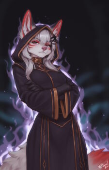 1girl animal_ears animal_nose aura black_gloves black_robe breasts closed_mouth crossed_arms dark_aura female_focus fox_ears fox_girl fox_tail furry furry_female gloves grey_fur grey_hair highres hood hood_up long_hair long_sleeves original personal_ami robe small_breasts solo tail