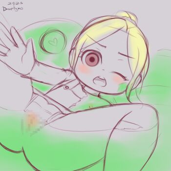 1girl 2025 20s blonde_hair blush brown_eyes censored crotch_seam drantyno dress flat_chest grey_background heart heart-shaped_pupils highres konami laura_(silent_hill) loli long_hair long_sleeves looking_at_viewer lying nipples one_eye_closed open_mouth panties ponytail pussy reaching reaching_towards_viewer scrunchie shirt silent_hill_(series) silent_hill_2 sketch sleeveless sleeveless_dress slime_(creature) spread_legs symbol-shaped_pupils teeth torn_clothes torn_dress torn_panties torn_shirt underwear