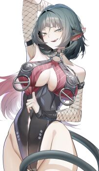 1girl animal_ears black_hair black_one-piece_swimsuit breasts commentary_request fishnet_sleeves fishnets green_eyes highres jane_doe_(nocturne_of_light)_(zenless_zone_zero) jane_doe_(zenless_zone_zero) large_breasts long_hair looking_at_viewer mouse_ears mouse_girl mouse_tail multicolored_hair official_alternate_costume one-piece_swimsuit pero_(peroneko0510) red_hair simple_background smile solo swimsuit tail thighs two-tone_hair very_long_hair white_background zenless_zone_zero