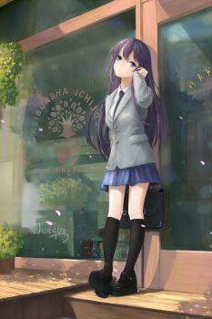 Rule 34 | 1girl, absurdres, adjusting hair, bad id, bad pixiv id, black legwear, black necktie, black shoes, blue eyes, cherry blossoms, female focus, full body, head tilt, highres, long hair, long sleeves, necktie, original, outdoors, plant, purple hair, school uniform, shiko, shoes, solo, standing, tin (container)