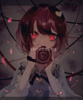 1girl buttons camera commentary_request english_text frilled_shirt_collar frills grey_background heart_button holding holding_camera komeiji_satori long_hair looking_at_viewer one-hour_drawing_challenge purple_hair red_eyes shinjitsu_no_kuchi short_hair solo touhou upper_body video_camera