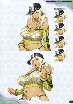 1girl :o absurdres artbook belt blonde_hair breasts butterfly_tattoo curvy dark-skinned_female dark_skin dithering gyaru hat highleg highleg_panties highres large_breasts lips long_hair long_sleeves navel non-web_source official_art panties parted_lips ponytail rinalia_kuo scan see-through_clothes see-through_shirt shiny_skin shorts standing stomach_tattoo studded_belt super_robot_wars super_robot_wars_dd tattoo thong underwear watanabe_wataru_(character_designer) wide_hips