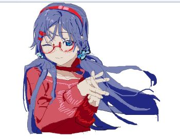 1girl ;) bespectacled blue_eyes blue_hair choker closed_mouth crazy_mita_(miside) cropped_torso floating_hair glasses hair_ornament hair_scrunchie hairband hairclip interlocked_fingers jaggy_lines light_blush long_hair looking_at_viewer low_ponytail microsoft_paint_(medium) miside mita_(miside) one_eye_closed own_hands_together parallel_hairclips ponytail red-framed_eyewear red_choker red_hairband red_sweater ribbon_choker scrunchie semi-rimless_eyewear simple_background smile solo sweater tkwkai under-rim_eyewear white_background