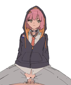 1boy 1girl black_choker black_hoodie blush breasts choker clothed_female_nude_male collared_shirt cum cum_in_pussy girl_on_top green_eyes grey_pants hetero hood hood_up hoodie large_breasts necktie nude pants penis pink_hair pussy rain_(zenless_zone_zero) red_necktie sex shirt short_hair spread_legs sweatpants thorru vaginal white_shirt zenless_zone_zero