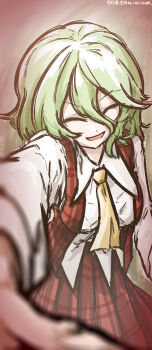 1girl absurdres artist_name ascot breasts closed_eyes collared_shirt commentary_request dated facing_viewer false_smile green_hair highres kazami_yuuka long_hair long_sleeves medium_breasts one-hour_drawing_challenge open_clothes open_mouth open_vest plaid_clothes plaid_skirt plaid_vest pov red_vest shirt skirt skirt_set smile solo touhou ve1024 vest white_shirt yellow_ascot