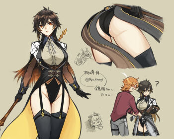 1boy 2girls ? alternate_costume ass black_hair black_panties black_underwear_(female) blush breasts brown_hair closed_eyes garter_straps genderswap genderswap_(mtf) genshin_impact gloves highleg highleg_leotard highres hilichurl_(genshin_impact) holding holding_weapon large_breasts leotard long_hair long_sleeves lower_body multicolored_hair multiple_girls orange_hair paimon_(genshin_impact) panties pants polearm ponytail red_eyes ryu_kisaragi smile sweatdrop tailcoat tartaglia_(genshin_impact) thighhighs two-tone_hair underwear weapon zhongli_(genshin_impact)