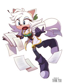 ! 1girl animal_ears artist_name bare_shoulders black_boots black_gloves black_pants black_sleeves blue_eyes boots bra breasts cat_ears cleavage detached_sleeves full_body furry furry_female gloves green_bra highres holding holding_paper kumo_zd long_hair lumine_the_cat medium_breasts open_mouth original pants paper paper_stack ponytail simple_background solo sonic_(series) underwear white_background white_fur white_hair