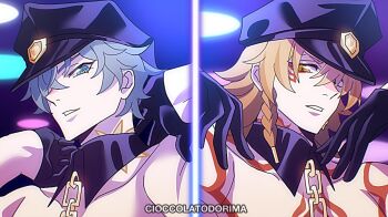 2boys artist_name black_gloves blonde_hair blue_eyes braid cioccolatodorima commentary cosplay detached_collar earrings english_commentary facial_tattoo gloves grey_hair hair_over_one_eye half_gloves hat honkai:_star_rail honkai_(series) jewelry male_focus multiple_boys mydei_(honkai:_star_rail) panty_&amp;_stocking_with_garterbelt parody pectorals phainon_(honkai:_star_rail) police_hat polyester_(psg) polyester_(psg)_(cosplay) polyurethane_(psg) polyurethane_(psg)_(cosplay) side_braid slit_pupils split_screen style_parody tattoo yellow_eyes