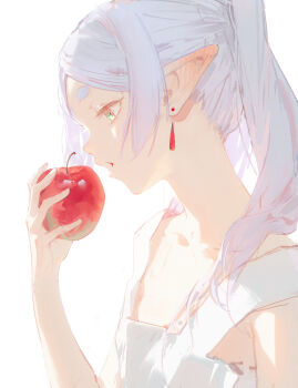 Rule 34 | 1girl, commentary, dino (dinoartforame), dress, earrings, elf, food, frieren, from side, fruit, green eyes, highres, holding, holding food, holding fruit, jewelry, long hair, open mouth, pointy ears, profile, solo, sousou no frieren, untranslatable commentary, twintails, upper body, white dress, white hair