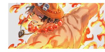 1boy back bead_necklace beads black_hair commentary devil_fruit_power fire freckles from_behind hat highres jewelry looking_at_viewer male_focus mcbuckwheat muscular muscular_male necklace one_piece orange_hat parted_lips portgas_d._ace short_hair solo symbol-only_commentary topless_male upper_body