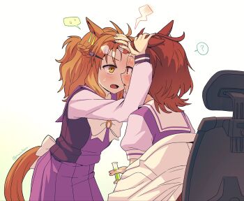 2girls ? agnes_tachyon_(umamusume) ahoge animal_ears between_fingers blush bow bowtie braid brown_hair chair coat commentary commentary_request ear_ornament english_commentary face-to-face fang fever full-face_blush half_up_half_down_braid hand_on_another&#039;s_ear hand_on_own_forehead highres holding holding_test_tube horse_ears horse_girl horse_tail huge_ahoge jungle_pocket_(umamusume) korean_commentary lab_coat long_sleeves looking_at_another mazu1kan medium_hair mixed-language_commentary multiple_girls open_mouth pleated_skirt ponytail puffy_short_sleeves puffy_sleeves purple_shirt purple_skirt red_eyes sailor_collar sailor_shirt school_uniform shirt short_sleeves simple_background sitting skirt spoken_question_mark summer_uniform sweat tail test_tube tracen_school_uniform umamusume white_background white_bow white_bowtie white_coat white_sailor_collar winter_uniform yellow_eyes