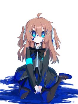 1girl absurdres ahoge black_bow black_bowtie black_jacket black_pantyhose black_skirt blood blood_in_hair blood_on_clothes blood_on_face blue_blood blue_eyes blue_ribbon bow bowtie brown_hair brown_shoes closed_mouth commentary_request detroit:_become_human dress_shirt full_body hair_between_eyes hair_ornament hair_ribbon heart heart_hair_ornament highres jacket long_hair long_sleeves looking_at_viewer neuro-sama open_clothes open_jacket pantyhose ribbon shirt shoes signature sitting skirt smile solo timestamp transparent_background two_side_up user_hmyv8473 vedal_ai virtual_youtuber wariza white_shirt