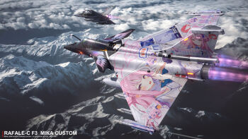 3d absurdres aircraft airplane canards cloud dassault_rafale english_text fighter_jet highres lolicon_(lolicon42051636) military_vehicle mountain no_humans photoshop_(medium) sky war_thunder