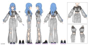 1girl absurdres belt black_shirt black_shoes blue_hair choker commentary_request copyright_notice cropped_shirt cross-laced_clothes cross-laced_sleeves cross-laced_slit detached_sleeves double-parted_bangs earrings full_body grey_pants grey_sleeves hair_between_eyes hair_ornament hairclip highres hololive hoshimachi_suisei hoshimachi_suisei_(13th_costume) jewelry long_hair mochipuyo_(canvas_mochi) multiple_views necklace official_alternate_costume official_alternate_hairstyle official_art pants reference_sheet shirt shoes simple_background single_off_shoulder sneakers star_(symbol) star_in_eye symbol_in_eye torn_clothes torn_pants turnaround virtual_youtuber white_background white_belt white_choker