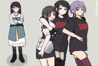 4girls amoris_(bang_dream!) arm_around_neck bang_dream! bang_dream!_it&#039;s_mygo!!!!! black_boots black_hair black_shirt black_shoes blue_dress blue_eyes boots brown_eyes brown_hair closed_mouth commentary_request crossed_arms daimyo0208 dress earrings garter_straps girl_sandwich grey_background hand_on_another&#039;s_shoulder highres jewelry long_hair mole mole_under_eye multiple_girls open_mouth purple_eyes purple_hair purple_thighhighs sandwiched see-through_clothes see-through_sleeves shiina_taki shirt shoes simple_background smile sumita_mana thigh_boots thighhighs timoris_(bang_dream!) twintails white_dress yahata_umiri yuutenji_nyamu