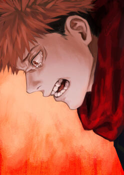 1boy absurdres bloodshot_eyes commentary english_commentary highres itadori_yuuji jujutsu_kaisen male_focus ndsoda open_mouth orange_background portrait realistic_teeth red_eyes red_scarf scarf short_hair sideburns solo tears undercut