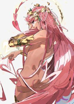 1girl absurdly_long_hair aphrodite_(hades) ass bilidongdong breasts bug butterfly convenient_censoring convenient_hair detached_sleeves gold_sleeves hades_(series) hades_2 heart heart-shaped_hair heart_hair_strand highres insect long_hair looking_at_viewer looking_back nude sideboob solo standing very_long_hair