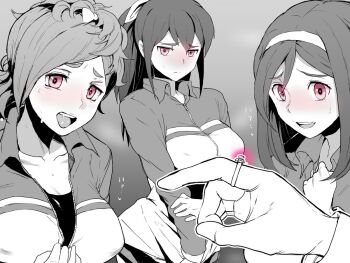 09012732821 1boy 3girls akehoshi_setsuka bow closed_mouth embarrassed glowing_ring greyscale hair_bow hairband heart heart_in_eye heavy_breathing high_ponytail hikami_satori in_heat jacket jewelry jikkyou_powerful_pro_yakyuu kiba_shizuka monochrome multiple_girls open_mouth partially_colored ponytail pov pov_hands power_pro_appli ring shirt sound_effects steaming_body sweatdrop symbol_in_eye teeth track_jacket upper_teeth_only