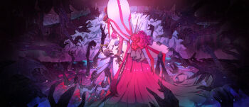 1girl baobhan_sith_(fate) baobhan_sith_(third_ascension)_(fate) bare_shoulders black_hands bracelet cloth_gag colored_extremities dress facial_mark fate/grand_order fate_(series) gag gagged ghost_hands grey_eyes hat highres improvised_gag jewelry lankuchashuangjielong large_hat long_hair pink_hair sidelocks solo spiked_bracelet spikes white_dress white_hat