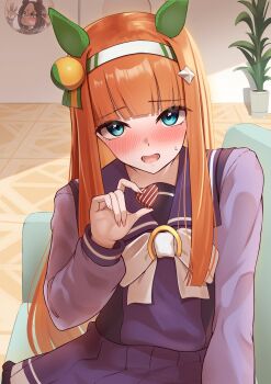 Rule 34 | 2girls, :d, absurdres, against glass, animal ears, arugou, blue eyes, blunt bangs, blush, bow, bowtie, brown hair, candy, chocolate, chocolate heart, commentary, couch, ear bow, ear covers, facial scar, food, hair ornament, hairband, heart, heart-shaped food, highres, holding, holding chocolate, holding food, horse ears, horse girl, indoors, long hair, long sleeves, looking at viewer, multicolored hair, multiple girls, open mouth, orange hair, plant, pleated skirt, potted plant, puckered lips, purple shirt, purple skirt, scar, scar on cheek, scar on face, school uniform, shirt, silence suzuka (umamusume), skirt, smile, special week (umamusume), streaked hair, tracen school uniform, umamusume, untranslatable commentary, v-shaped eyebrows, valentine, very long hair, white bow, white bowtie, white hair, white hairband
