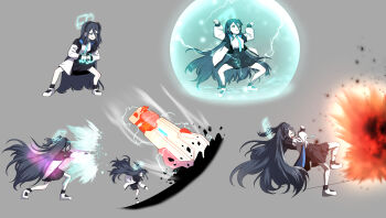 1girl :t absurdly_long_hair absurdres aris_(blue_archive) black_hair black_hairband black_skirt blue_archive blue_eyes blue_necktie clenched_hands commentary_request easel_(djeasel) electricity energy_barrier energy_cannon explosion frown grey_background hair_between_eyes hairband halo highres jacket korean_commentary long_hair long_sleeves multiple_views necktie one_side_up open_clothes open_jacket own_hands_together palm_strike parody pleated_skirt shirt shirt_tucked_in simple_background skirt sprite_sheet squatting tekken tekken_8 throwing v-shaped_eyebrows very_long_hair white_jacket white_shirt