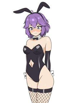 1girl absurdres animal_ears bernadetta_von_varley blush breasts fake_animal_ears fire_emblem fire_emblem:_three_houses grey_eyes highres nervous nintendo playboy_bunny purple_hair rabbit_ears small_breasts thighs yoshio_hentai