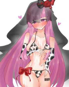 1girl blush chaos_juliet_(grimms_notes) cow_print cow_print_bikini cum grimms_notes heart long_hair pink_eyes pink_hair print_bikini solo user_janj4838 veil very_long_hair