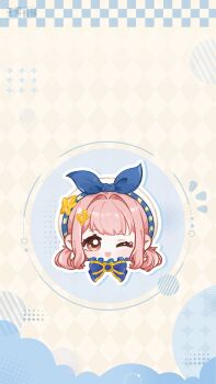 Rule 34 | 1girl, absurdres, argyle background, artist request, beret, blue bow, blue bowtie, blush stickers, bow, bowtie, brooch, brown eyes, bubbly voyage (infinity nikki), circle, eyelashes, frilled bowtie, hair intakes, hair ornament, hair rings, hairclip, happy, hat, hat bow, hat ornament, head only, highres, infinity nikki, jewelry, looking at viewer, nikki (nikki), nikki (series), notice lines, official art, official wallpaper, one eye closed, open mouth, outline, pink hair, rabbit hair ornament, second-party source, short hair, smile, solo, star (symbol), star hat ornament, tareme, white background, white hat, white outline