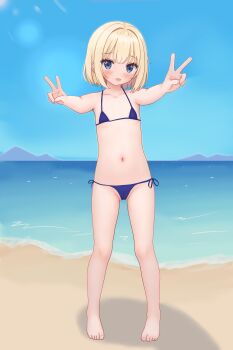 1girl barefoot beach bikini blonde_hair blue_bikini blue_eyes blush cameltoe double_v feet female_focus flat_chest horizon loli looking_at_viewer navel ocean open_mouth original outdoors partially_visible_vulva revealing_clothes sand short_hair side-tie_bikini_bottom sky smile solo standing swimsuit toes totorin7124 v water