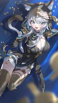 1girl animal_ear_fluff animal_ears animal_hood blue_eyes boots bow braid breasts cat_ears cat_girl cipher_(honkai:_star_rail) cleavage coin commentary crescent fingerless_gloves gloves grey_hair hair_bow hand_on_own_forehead highres honkai:_star_rail honkai_(series) hood leotard medium_breasts mole mole_on_breast pouch sb_lama sparkle thigh_boots thigh_strap