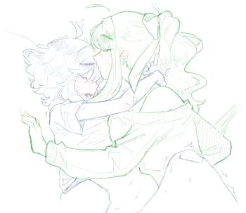 Rule 34 | 2girls, closed eyes, commentary, doki doki literature club, highres, kiss, kissing forehead, long hair, monika (doki doki literature club), multiple girls, pockiseisont, ponytail, sayori (doki doki literature club), shirt, short hair, sweater, yuri