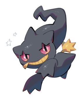 banette colored_sclera full_body gen_3_pokemon ghost looking_at_viewer nintendo no_humans open_mouth pokemon pokemon_(creature) pokemon_focus red_eyes red_sclera simple_background smile solo star_(symbol) teeth white_background yumeminoideyu2 zipper zipper_pull_tab