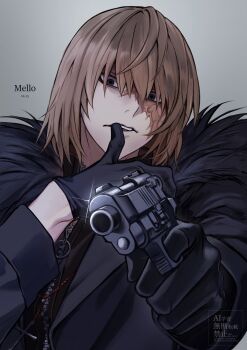 Rule 34 | 1boy, aiming, aiming at viewer, black eyes, black fur, black gloves, black jacket, black shirt, brown hair, burn scar, character name, commentary request, death note, fur-trimmed jacket, fur trim, gloves, grey background, gun, handgun, highres, holding, holding gun, holding weapon, jacket, long sleeves, looking at viewer, male focus, mello (death note), naonosuke (dr muraki128), parted lips, partially unzipped, scar, scar on face, shirt, sleeve cuffs, solo, teeth, upper body, weapon, zipper
