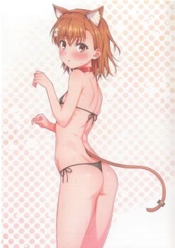 Rule 34 | 1girl, animal collar, animal ear fluff, animal ear hairband, animal ears, ass, bikini, black bikini, blush, breasts, brown eyes, brown hair, cat day, cat ears, cat tail, collar, cropped legs, fake animal ears, fake tail, from side, hair ornament, hairband, hairpin, highres, isshi pyuma, looking at viewer, medium hair, micro bikini, misaka mikoto, paw pose, scan, side-tie bikini bottom, small breasts, solo, standing, string bikini, swimsuit, tail, toaru kagaku no railgun, toaru majutsu no index, variant set, white background