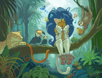 1girl ^_^ animal_ears animal_hands big_hair bird blue_hair bug butterfly cat_ears cat_girl cat_paws cat_tail chameleon closed_eyes darkstalkers dated felicia_(darkstalkers) insect jaguar jungle long_hair music nature ooobxdooo open_mouth singing sitting_on_branch sloth_(animal) smile snake tail toucan twitter_username white_fur