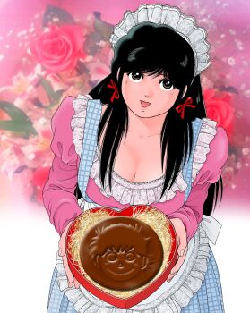 1girl aoba_shunsuke apron asaoka_natsumi black_hair blue_skirt box breasts brown_eyes character-themed_food chocolate cleavage commentary cowboy_shot floral_background food frilled_apron frills hair_ribbon hay heart-shaped_box highres holding holding_box juliet_sleeves large_breasts long_hair long_sleeves looking_at_viewer maid_headdress miura_mitsuru official_artist_extra open_mouth pink_shirt pleated_skirt puffy_sleeves red_ribbon ribbon rose_background scoop_neck shirt skirt smile solo standing suspender_skirt suspenders the_kabocha_wine valentine waist_apron