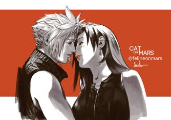 1boy 1girl artist_name bare_shoulders black_hair black_shirt black_vest blonde_hair blush closed_eyes cloud_strife commentary couple earrings english_commentary face-to-face facing_another felineonmars final_fantasy final_fantasy_vii final_fantasy_vii:_advent_children from_side hetero imminent_kiss jewelry lips long_hair looking_at_another parted_lips popped_collar profile ribbed_sweater shirt short_hair signature sleeveless sleeveless_shirt smile spiked_hair sweater teardrop_earrings tifa_lockhart twitter_username upper_body vest zipper