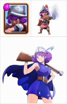 1girl antique_firearm armpits bare_shoulders belt blue_cape blue_dress blunderbuss brown_belt cape character_request clash_royale contrapposto cowboy_shot dress firearm from_below full_body gun hand_on_own_hip helmet looking_at_viewer musket musketeer_(clash_royale) purple_cape purple_dress purple_hair short_dress short_hair simple_background sleeveless sleeveless_dress smile smoke standing tagme weapon white_background