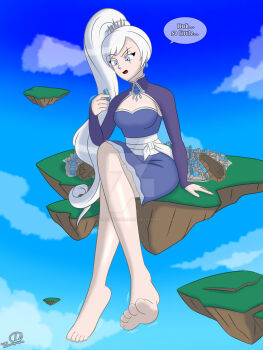 Rule 34 | absurdres, barefoot, blue eyes, footprints, giant, giantess, highres, moonlight gts, ponytail, rwby, size difference, skirt, weiss schnee, white hair