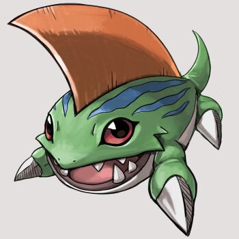 betamon commentary digimon digimon_(creature) fins full_body grey_background highres no_humans qkranks red_eyes sharp_teeth simple_background solo teeth white_background