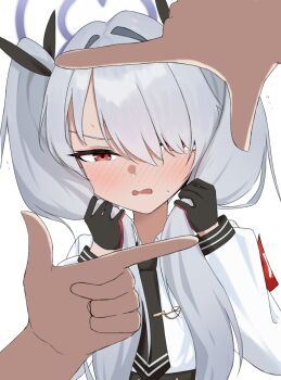 1girl black_gloves black_necktie blue_archive blush bunching_hair dark-skinned_female dark_skin gloves grey_hair halo highres iori_(blue_archive) long_hair long_sleeves looking_at_viewer mintchoco_(minchothudong) necktie open_mouth pov pov_hands purple_halo red_eyes shirt simple_background solo_focus twintails upper_body white_background white_shirt