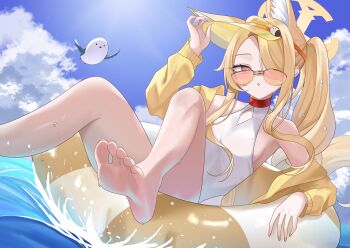 1girl animal_ears barefoot bird blonde_hair blue_archive breasts collarbone fox_ears fox_girl hair_over_one_eye halo hat highres innertube jacket long_hair long_sleeves looking_at_viewer non_non427 official_alternate_costume official_alternate_hairstyle one-piece_swimsuit open_mouth pink_eyes seia_(blue_archive) seia_(swimsuit)_(blue_archive) small_breasts soles sunglasses swim_ring swimsuit very_long_hair visor_cap wet white_one-piece_swimsuit yellow_halo yellow_jacket