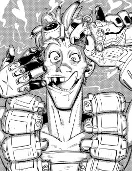 Rule 34 | 03kiyou, 1boy, absurdres, arm up, black nails, collarbone, commentary, detonator, english commentary, explosive, finger in own mouth, goggles, goggles on head, grenade, greyscale, highres, holding, holding detonator, junkrat (overwatch), long tongue, looking at viewer, male focus, mechanical arms, missing tooth, monochrome, nail polish, open mouth, overwatch, prosthesis, prosthetic arm, saliva, short hair, single mechanical arm, smile, teeth, tongue, tongue out, wide-eyed