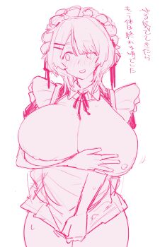 1girl absurdres alternate_costume apron arm_under_breasts averting_eyes blush breasts breasts_out cowboy_shot embarrassed enmaided hand_on_own_chest highres huge_breasts looking_to_the_side maid maid_apron maid_headdress medium_hair messy_hair monochrome motion_lines neck_ribbon nipple_slip nipples open_mouth original pink_theme ribbon short_sleeves sketch skirt skirt_tug solo swept_bangs toome touko_(toome) translation_request undersized_clothes wardrobe_malfunction wolf_cut