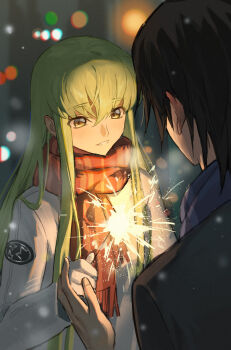 Rule 34 | 1boy, 1girl, black coat, blue scarf, blurry, blurry background, brown hair, c.c., coat, code geass, commentary request, fireworks, gloves, green hair, hair between eyes, highres, holding, holding fireworks, inkqaq, lelouch vi britannia, light blush, light smile, long hair, parted lips, red scarf, scarf, short hair, sidelocks, sparkler, striped clothes, striped scarf, upper body, white coat, white gloves, yellow eyes
