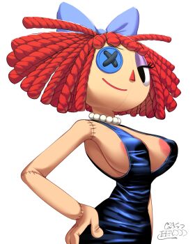 absurdres black_dress breasts button_eye cleavage curly_hair dress glitch_productions highres jewelry looking_at_viewer necklace nipples pearl_necklace ragatha_(the_amazing_digital_circus) the_amazing_digital_circus