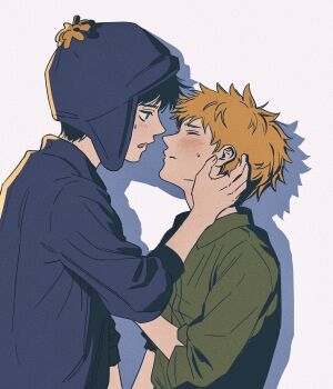 2boys arm_up black_hair blue_hat blue_shirt blush chullo closed_mouth collared_shirt commentary_request craig_tucker drop_shadow eye_contact from_side frown gosouthpark1 green_shirt hand_on_another's_face hat highres korean_commentary looking_at_another male_focus multiple_boys nervous_sweating open_mouth shirt simple_background south_park sweat tweek_tweak upper_body white_background yaoi