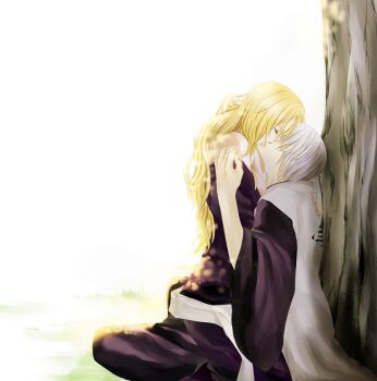 1boy 1girl against_tree bleach blonde_hair breasts commentary_request grass grey_hair hachiya_nanao hand_in_another's_hair haori hetero ichimaru_gin japanese_clothes kiss large_breasts matsumoto_rangiku off_shoulder shihakusho straddling taichou_haori tree