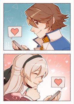 Rule 34 | absurdres, ao no kiseki, black hairband, brown hair, commentary request, eiyuu densetsu, elie macdowell, hairband, heart, highres, leorlontyan, light smile, lloyd bannings, mullet, smile, speech bubble, text messaging, white hair, zero no kiseki