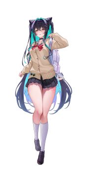 Rule 34 | 1girl, alternate costume, aqua hair, black choker, black hair, black shoes, black skirt, bow, bowtie, cela (akeeeeee675), character charm, charm (object), choker, cinderella (nikke), colored inner hair, commentary request, full body, goddess of victory: nikke, hair between eyes, hair ornament, hairclip, highres, kneehighs, korean commentary, little mermaid (nikke), loafers, long hair, long sleeves, multicolored hair, parted lips, pleated skirt, red bow, red bowtie, school uniform, shoes, simple background, skirt, smile, socks, solo, standing, thighs, very long hair, white background, white socks, yellow eyes